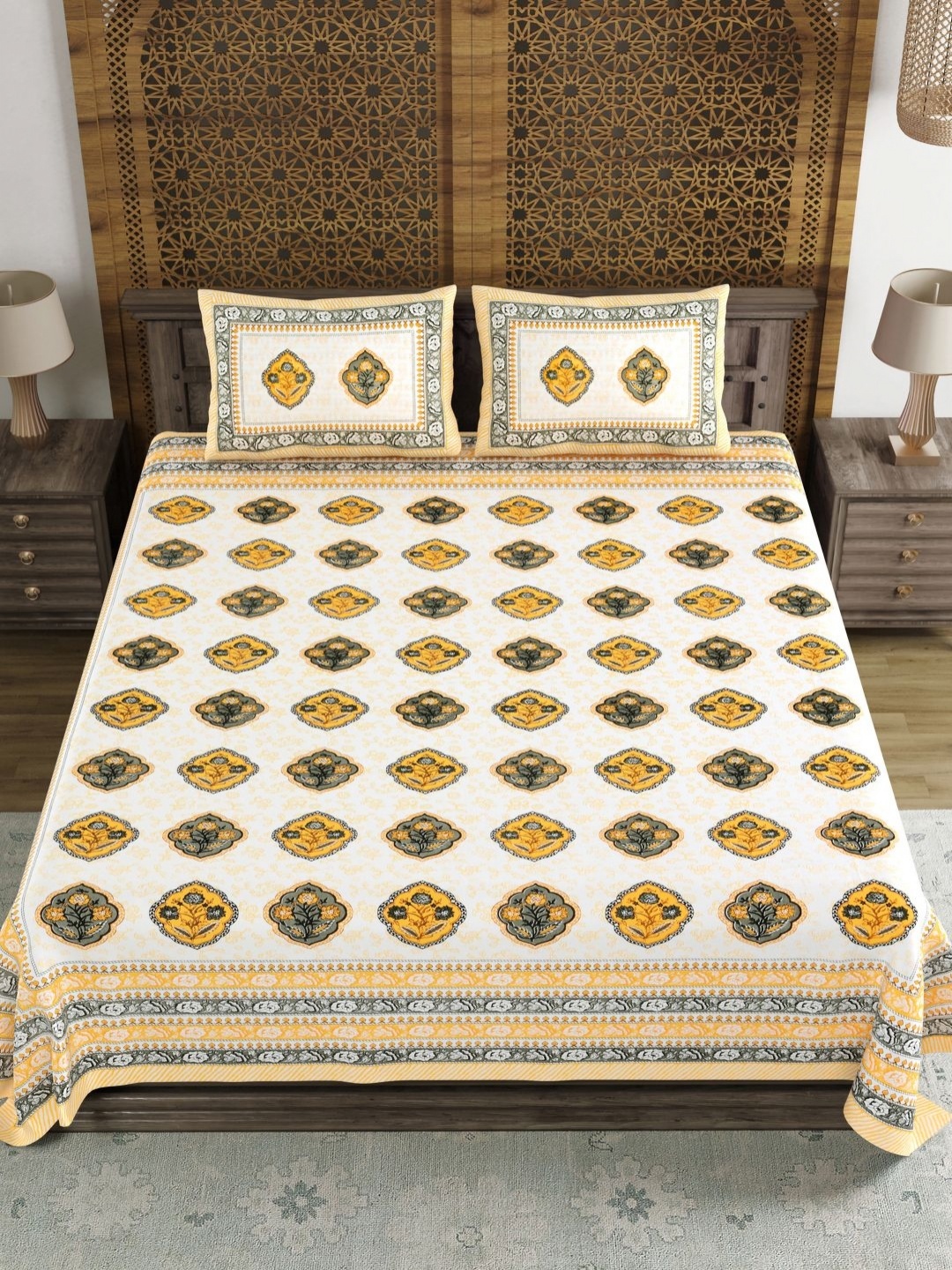 

Myntra Elegant Homes Yellow Floral Printed 180 TC Cotton King Bedsheet Set 2.28 m x 2.74 m