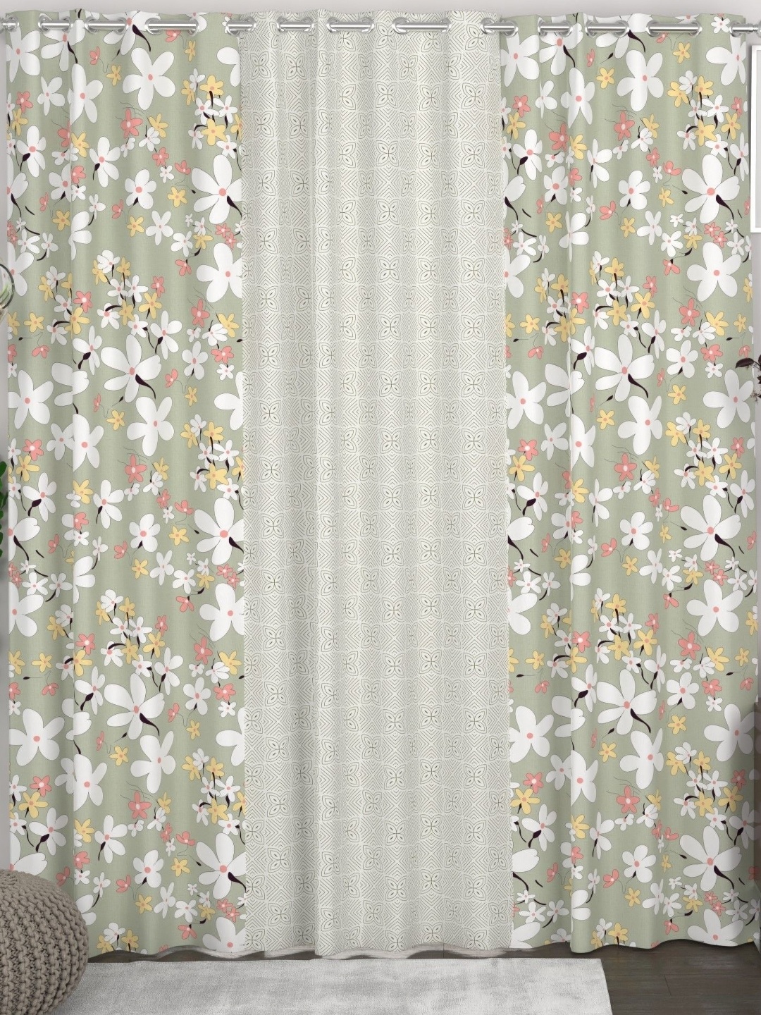 

CHHAVI INDIA Grey & White Set of 3 Floral Door Curtain