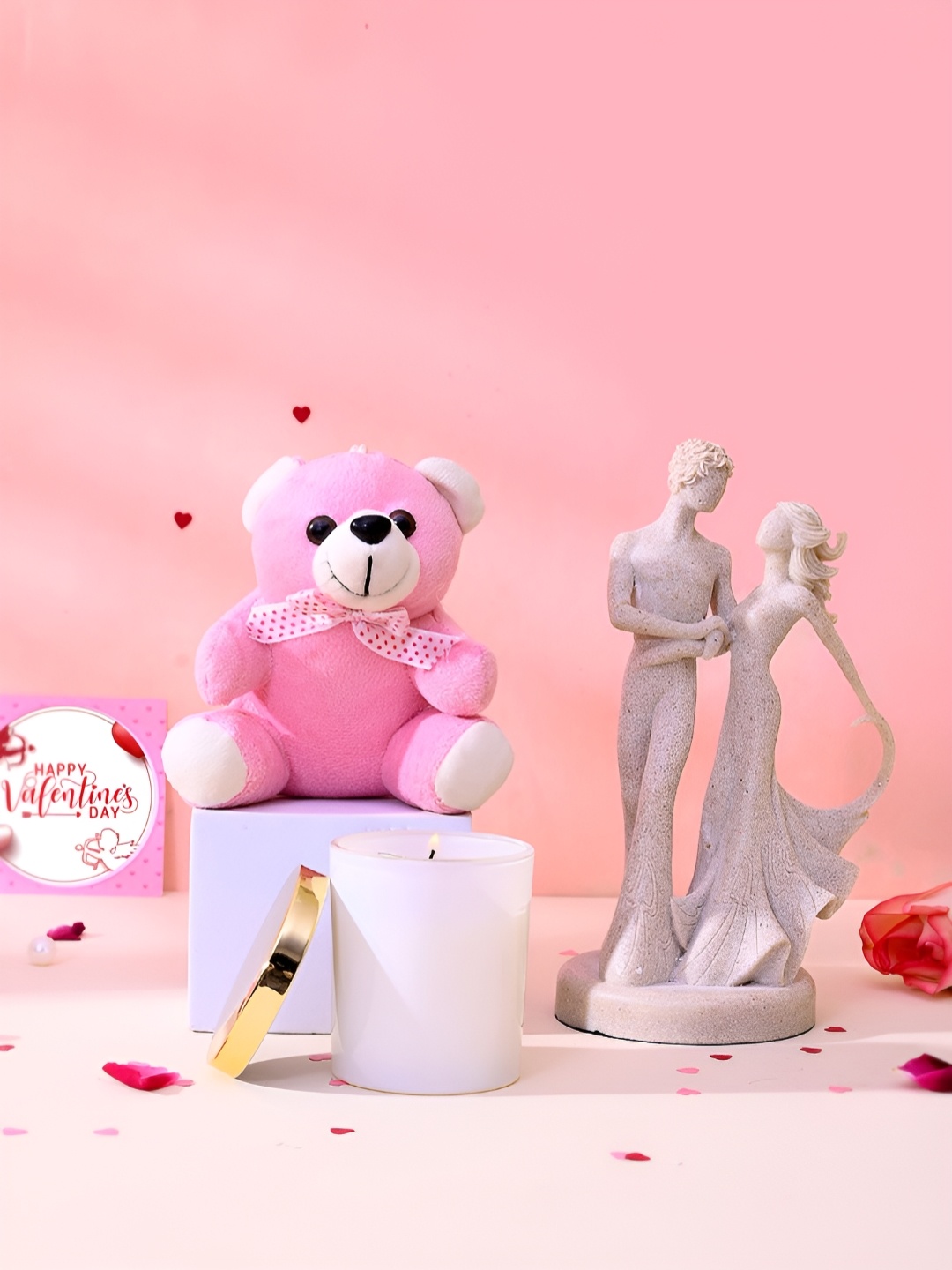 

TAYHAA Pink 3 Pieces Dreamy Strolling Couple Figurine With Candle And Teddy Gift Set, Beige