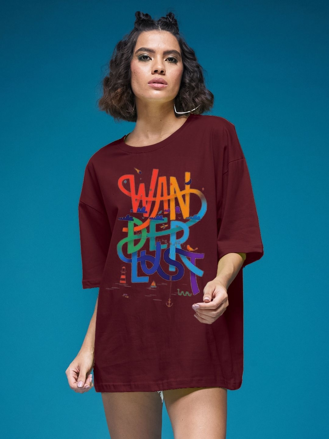 

SMARTEES Women Printed Raw Edge T-shirt, Maroon