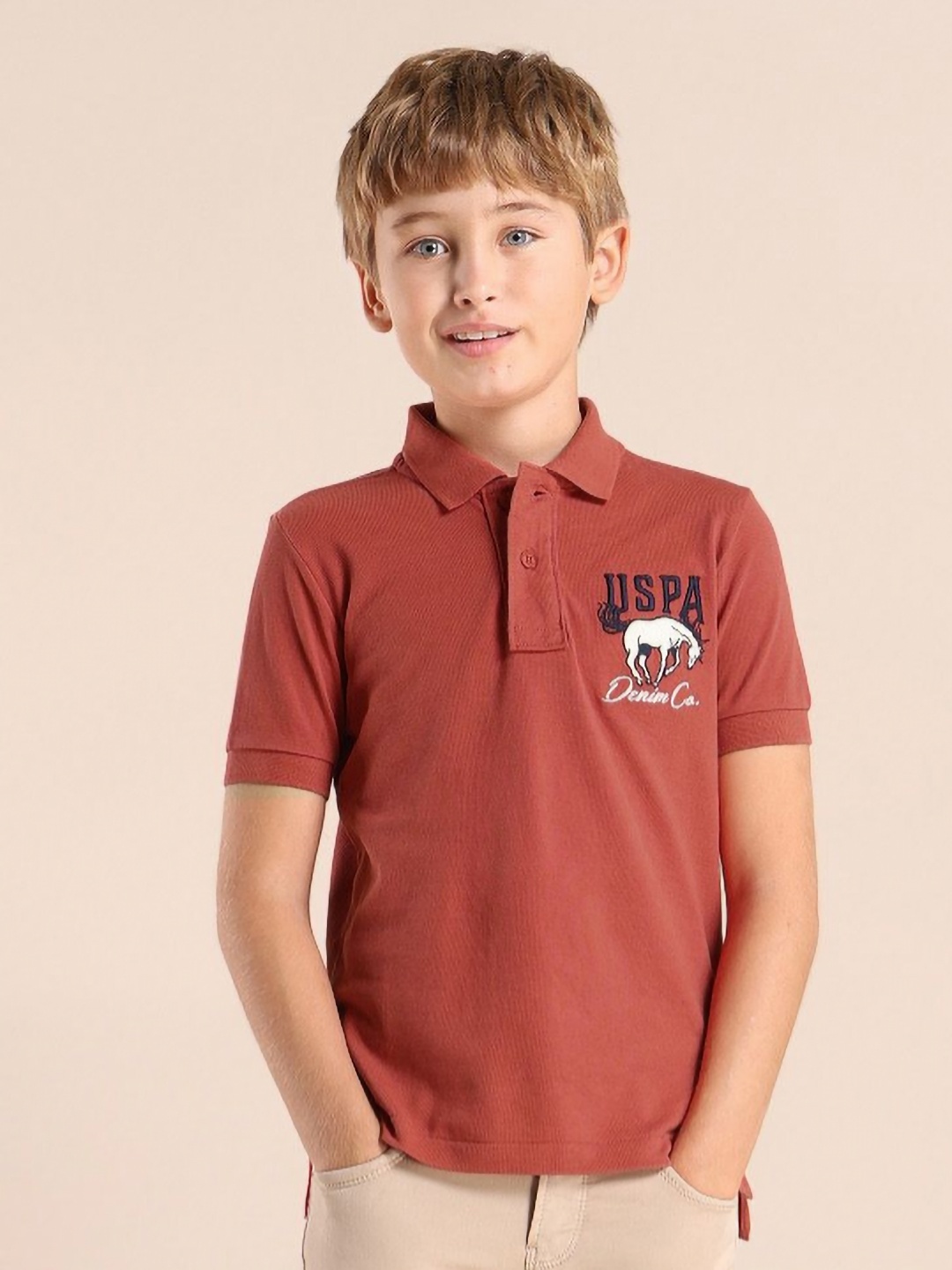 

U.S. Polo Assn. Kids Boys Brand Logo Printed Polo Collar Applique T-shirt, Red