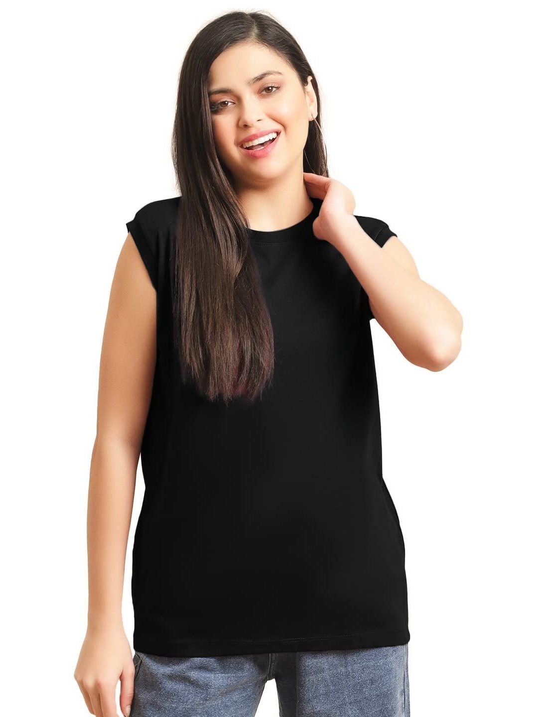 

NOTWILD Women Solid Round Neck Relaxed Fit T-shirt, Black