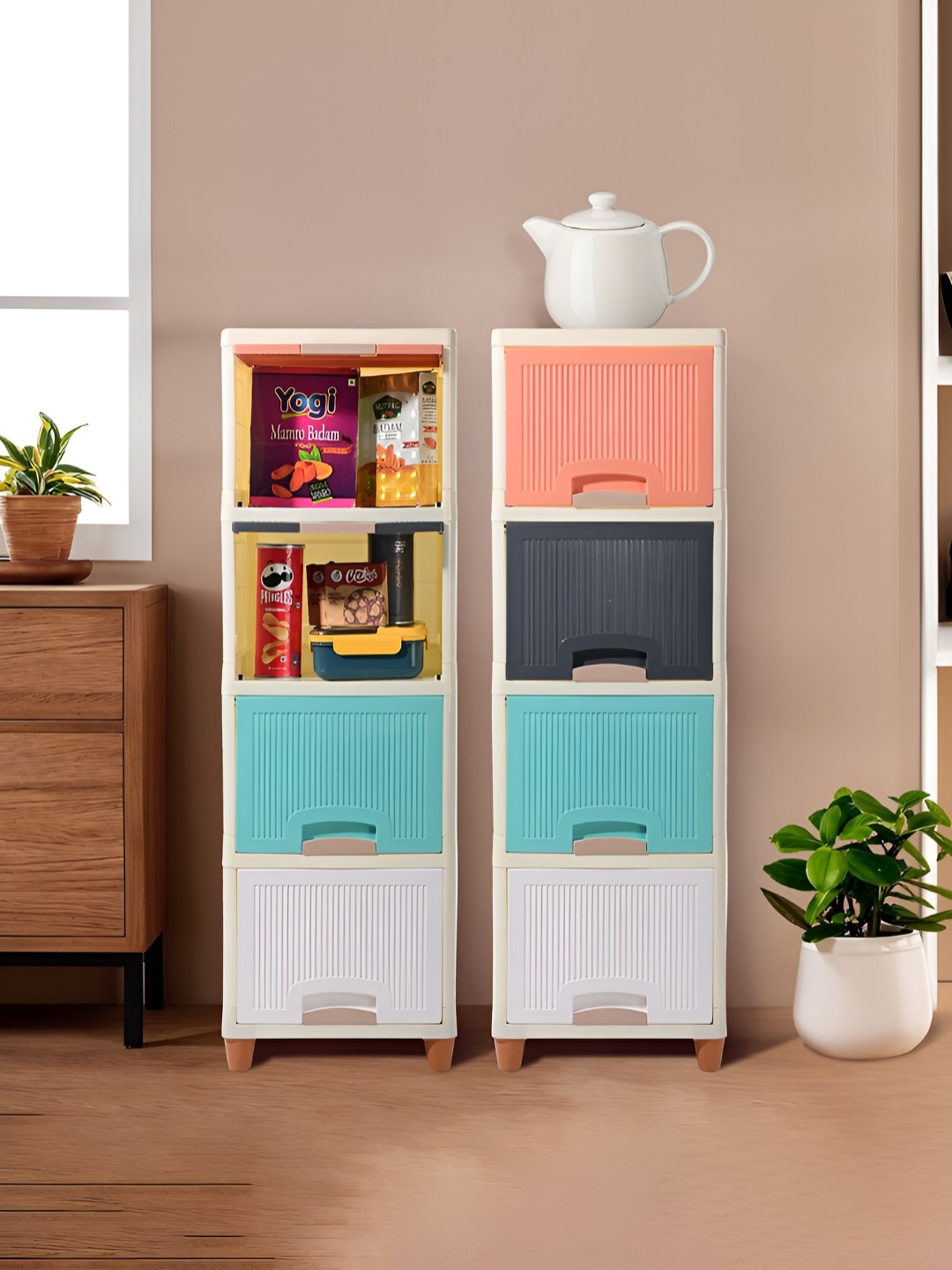 

Kuber Industries White & Blue 2 Pieces Striped 8 Unit Foldable Cupboard Storage Organizers