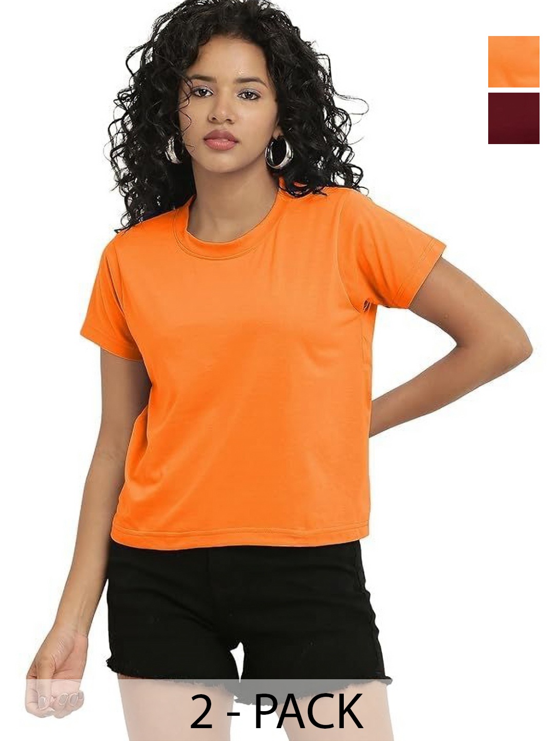

NOTWILD Women Pack Of 2 Solid Round Neck Cotton T-shirts, Maroon
