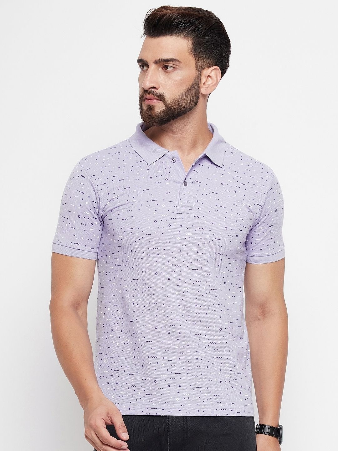 

MXN Men Abstract Printed Polo Collar Cotton T-shirt, Lavender
