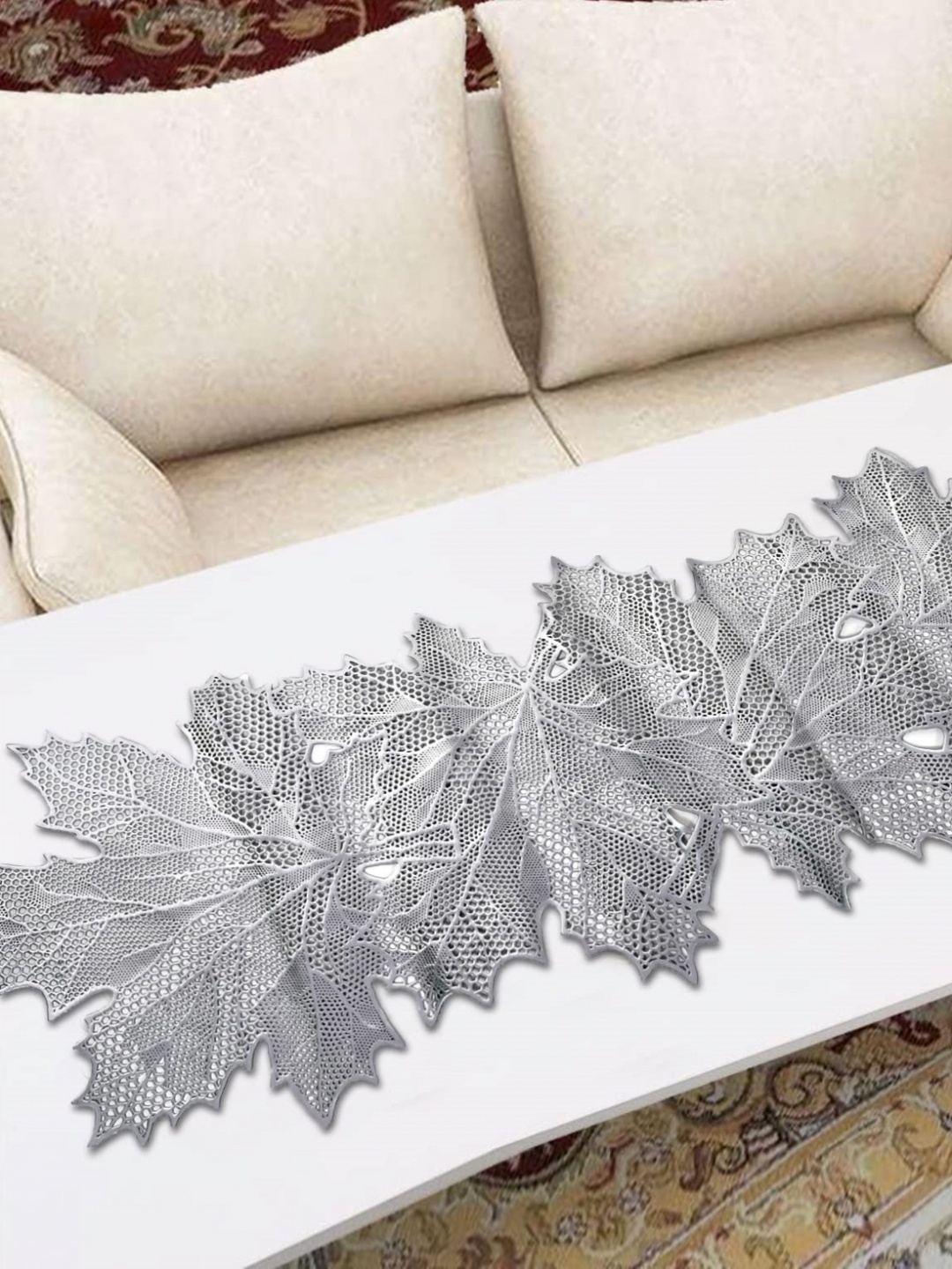 

MONKDECOR Silver-Toned Floral Cutwork Design Waterproof Table Runner