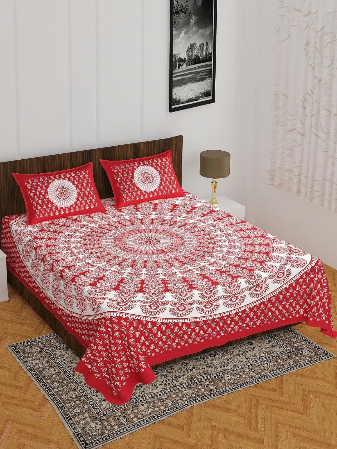 

MAGICAL Red Floral Printed 104 TC Cotton Queen Bedsheet Set