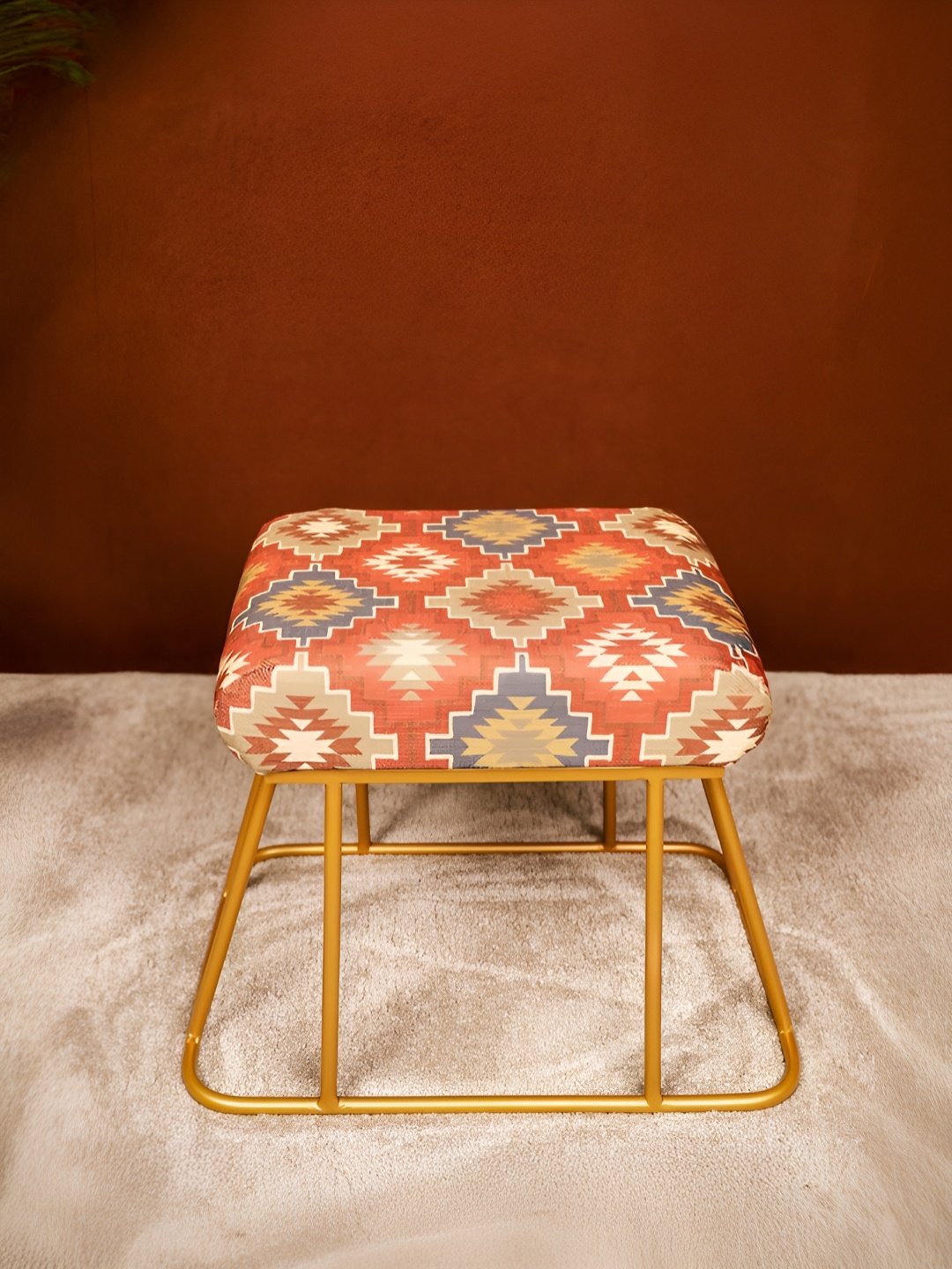 

Decoghar Cream & Orange Printed Square Shaped Stool