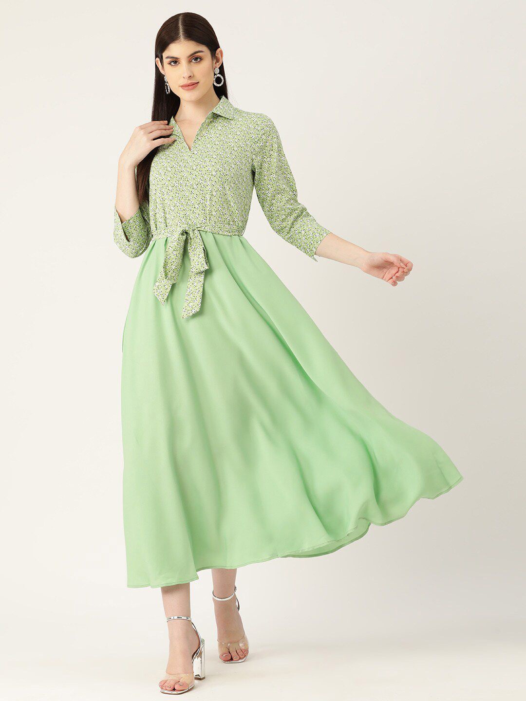 

DressBerry Floral Print Crepe Fit & Flare Midi Dress, Lime green
