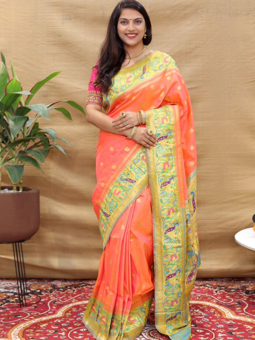 

amirat Kadambari Woven Design Zari Pure Silk Paithani Saree, Orange