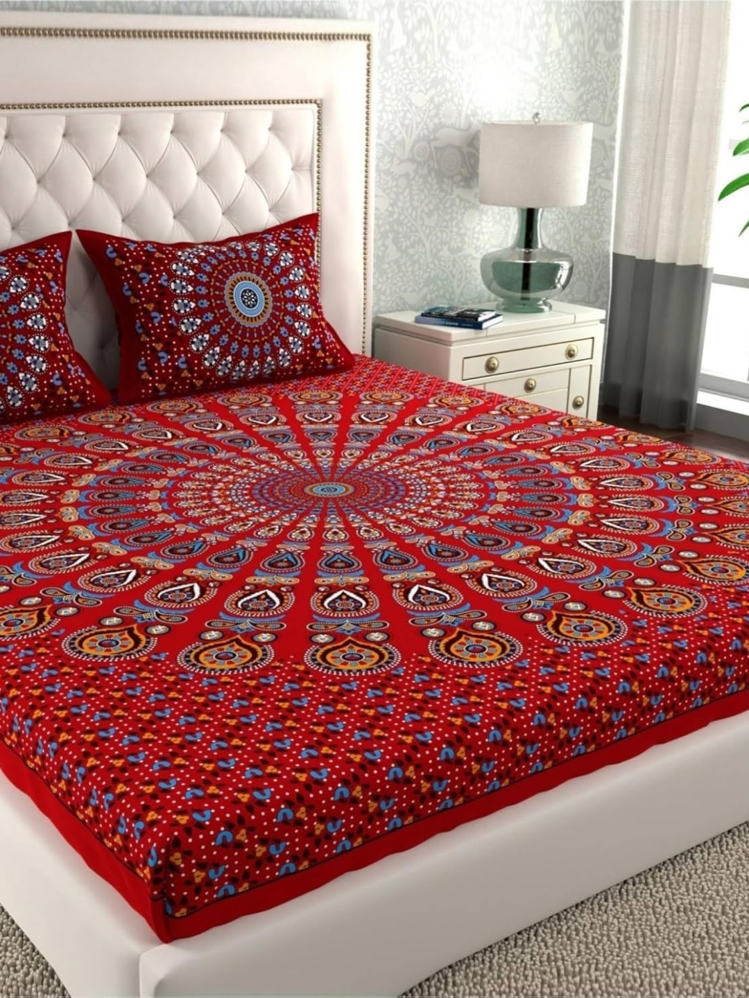 

MAGICAL Red And Blue Ethnic Motifs Printed Cotton 104 TC Queen Bedsheet set