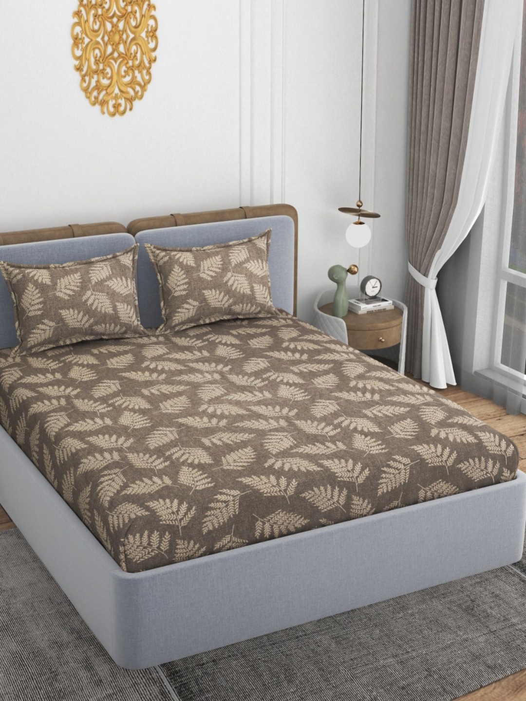 

VOMZER Brown & Beige Printed 210 TC Cotton Fitted King Bedsheet Set-1.98 m x 1.83 m