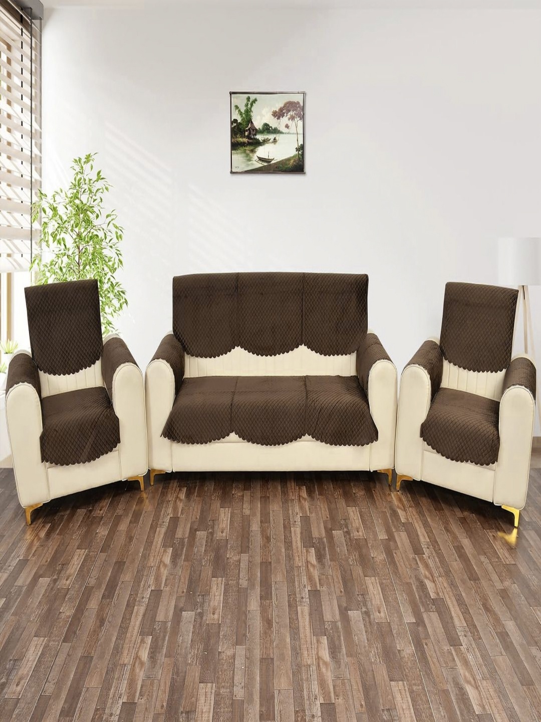 

Fashion Throw Coffee Brown 12 Pieces Checked 5-Seater Velvet Sofa Cover With Arms