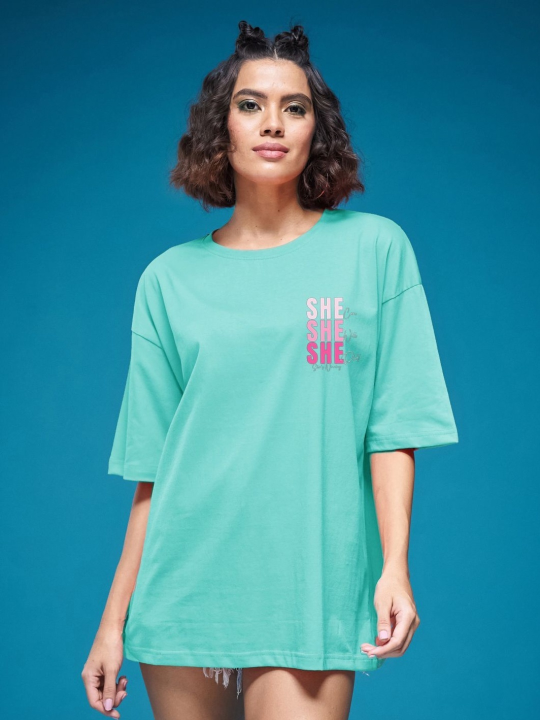 

SMARTEES Women Typography Printed Round Neck Cotton Oversized T-shirt, Sea green