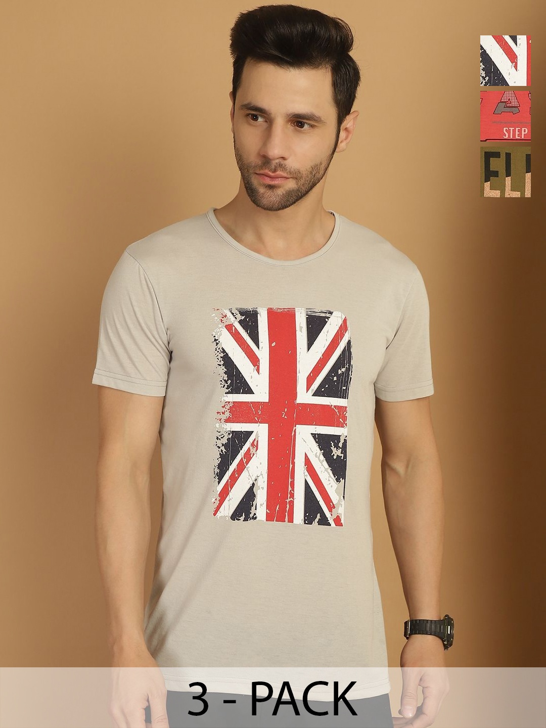 

MACK JONNEY Men Pack Of 3 Typography Printed Round Neck Cotton T-shirts, Cream