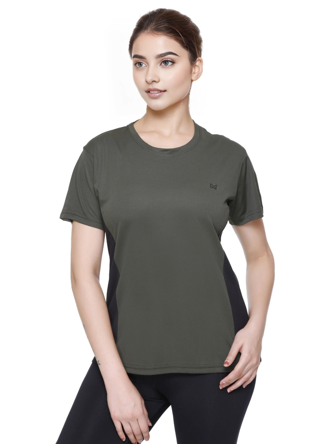 

White Moon Women Colourblocked Dri-FIT Applique T-shirt, Olive