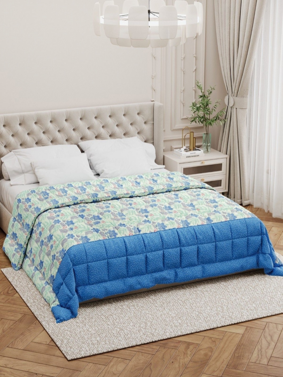

Salona Bichona Shine Green Floral Cotton AC Room 150 GSM Reversible Double Bed Comforter