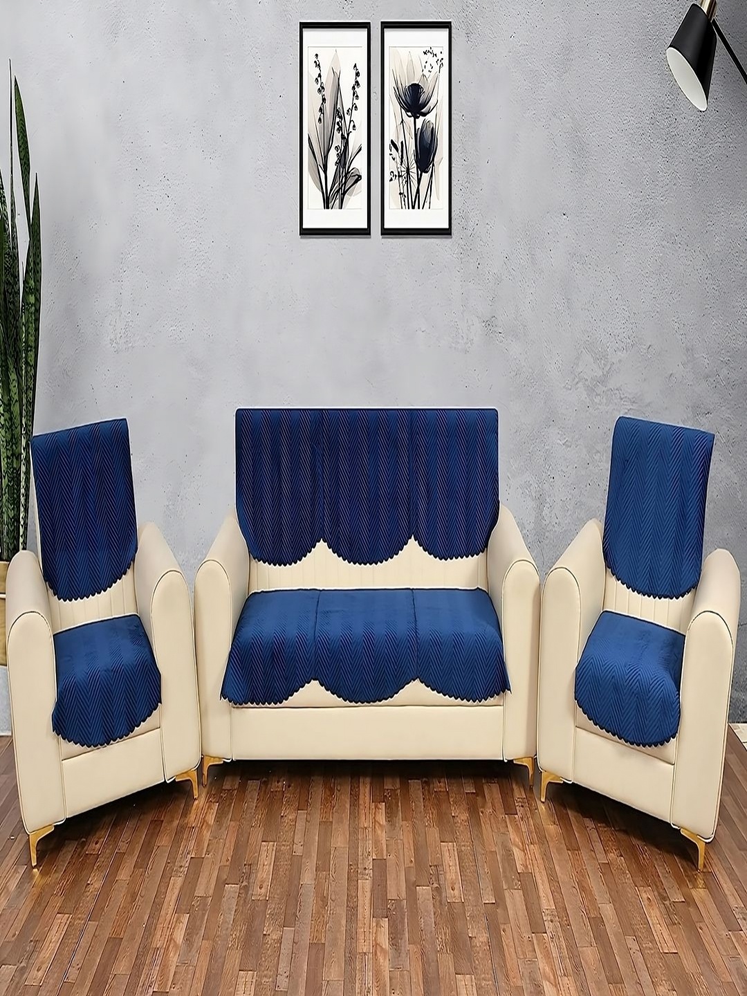 

Fashion Throw Navy Blue 6 Pieces Quilted Five Seater Velvet Sofa Covers