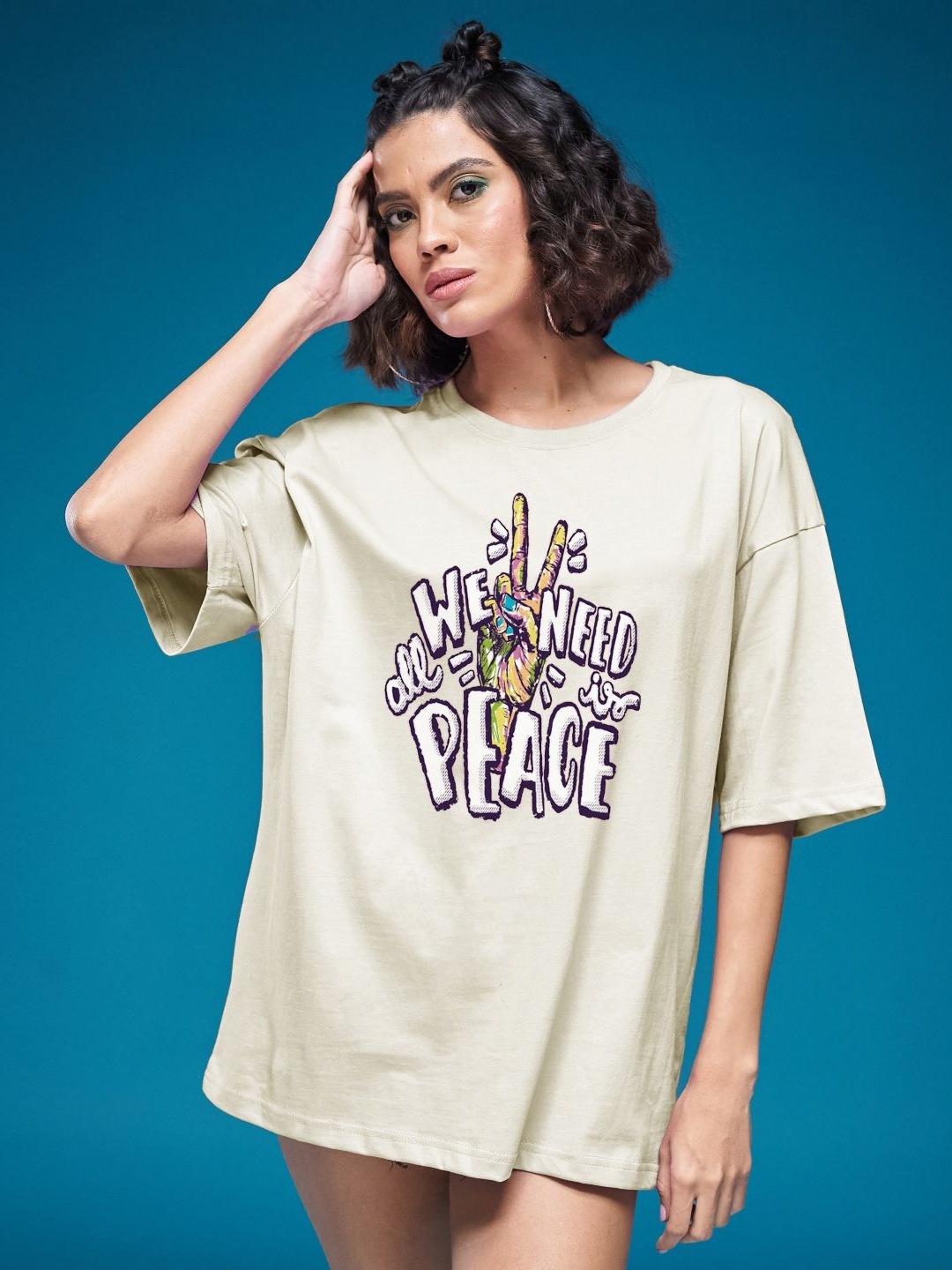 

SMARTEES Women Typography Printed Round Neck Cotton Oversized T-shirt, Green