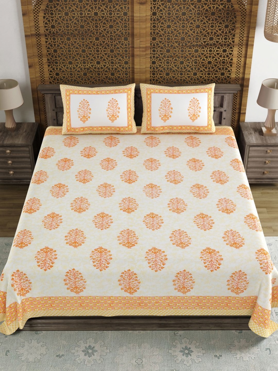 

Myntra Elegant Homes Orange Floral Printed 180 TC Cotton King Bedsheet Set 2.28 m x 2.74 m