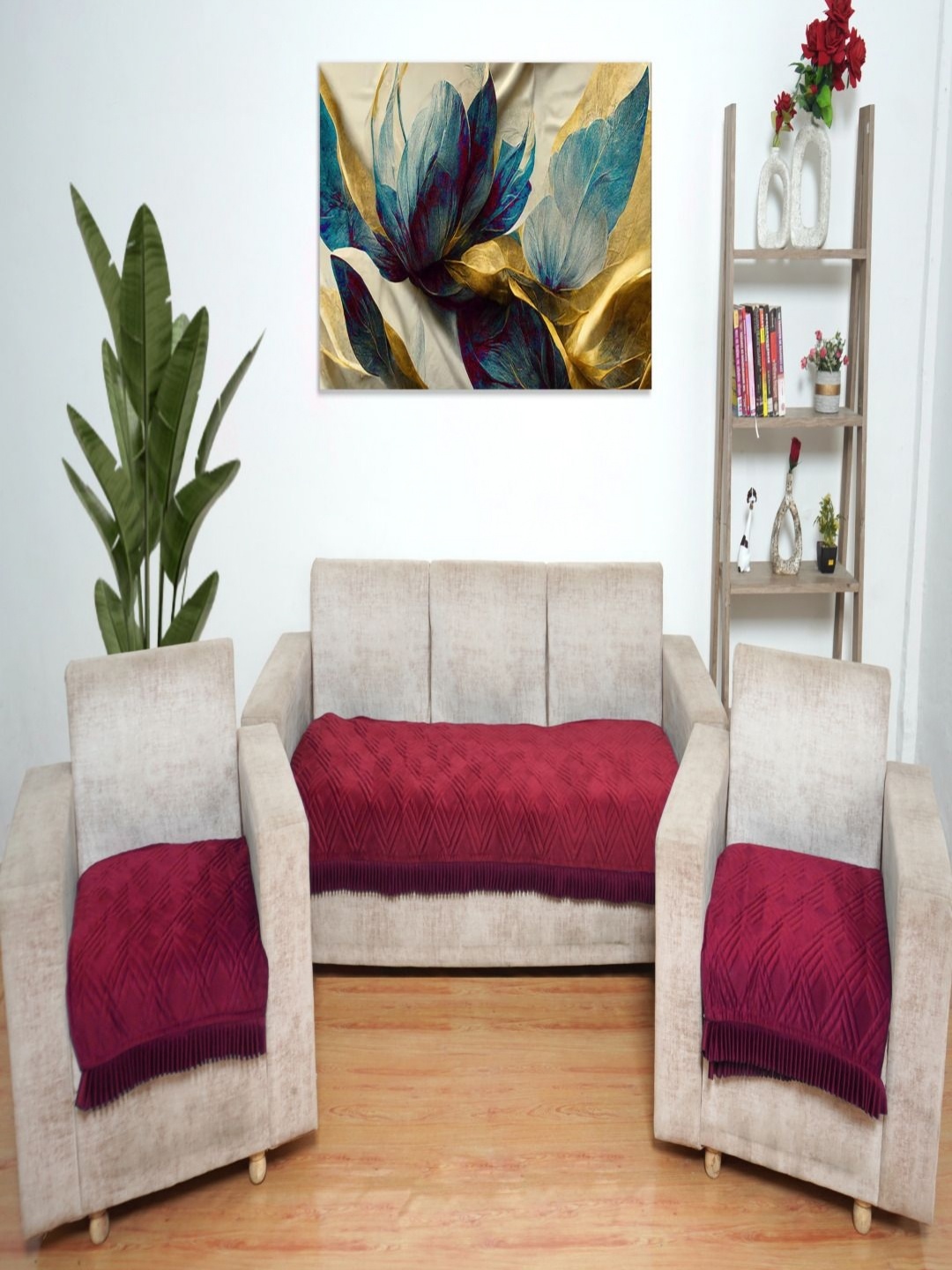 

Fashion Throw Maroon 3 Pieces Velvet Sofa Cover
