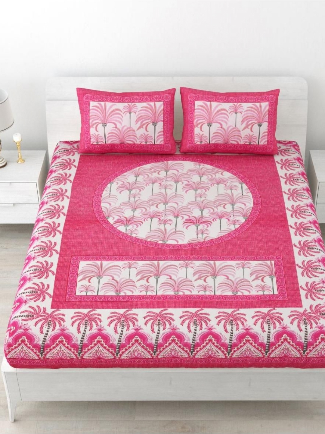 

Aura Pink & Pink Ethnic Motifs 144 TC Queen Bedsheet with 2 Pillow Covers