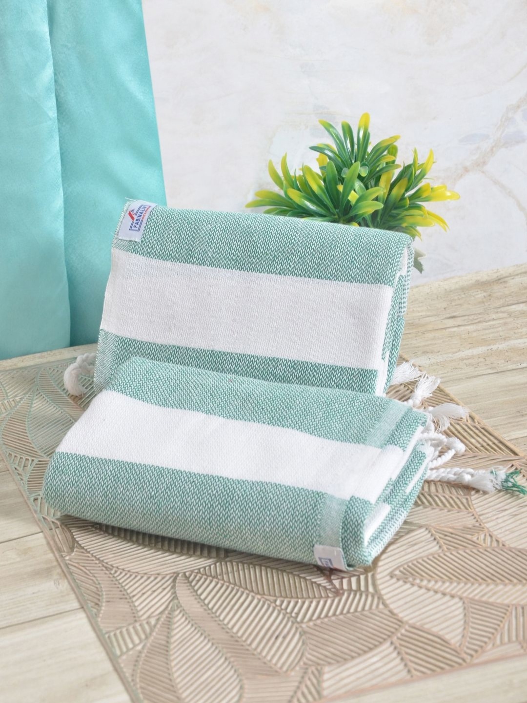 

FABINALIV Green & White 2 Striped Cotton 225 GSM Bath Towel