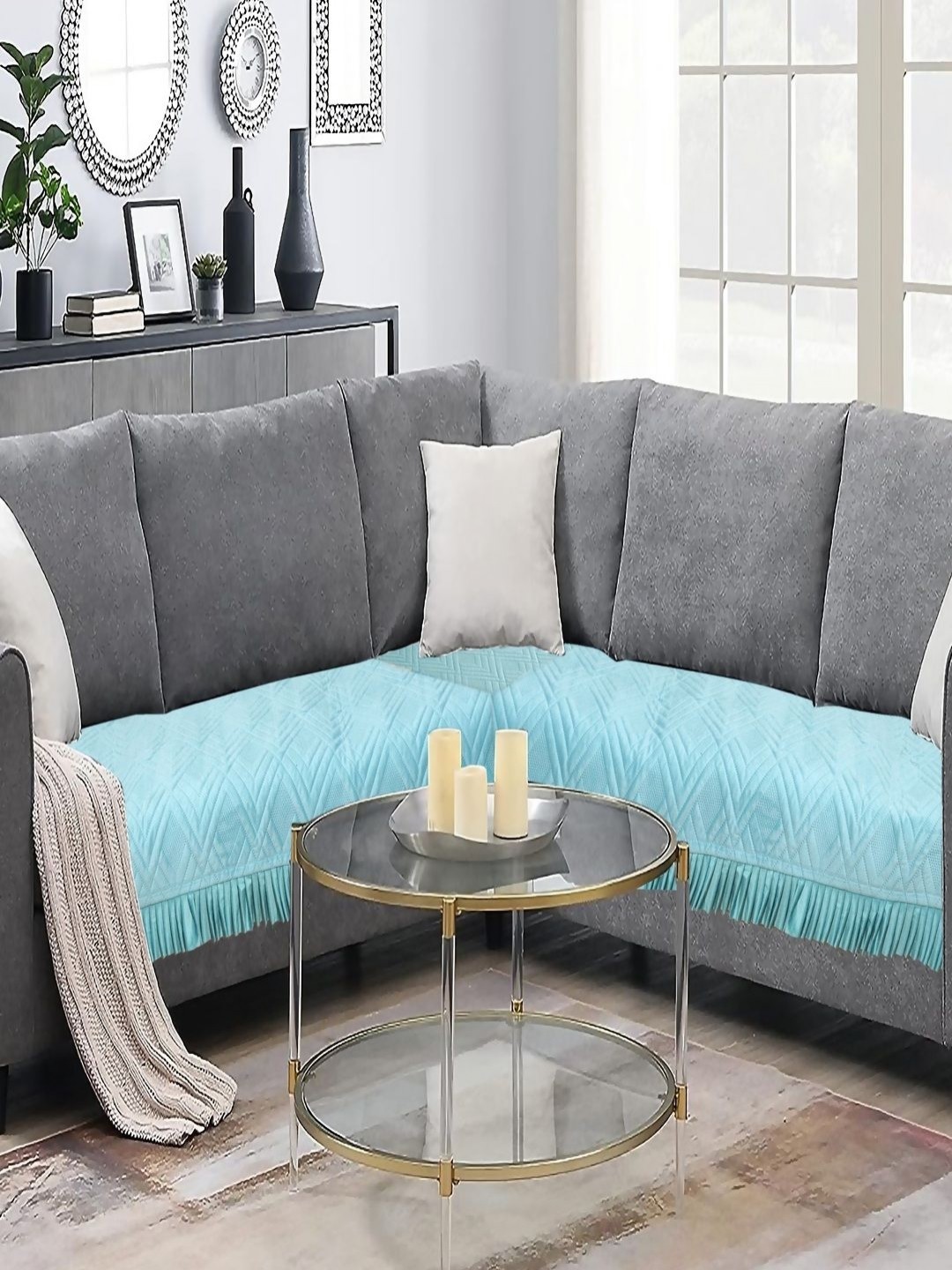 

Fashion Throw Turquoise Blue 2 Pieces Self Design L-Shaped Velvet Sofa Covers