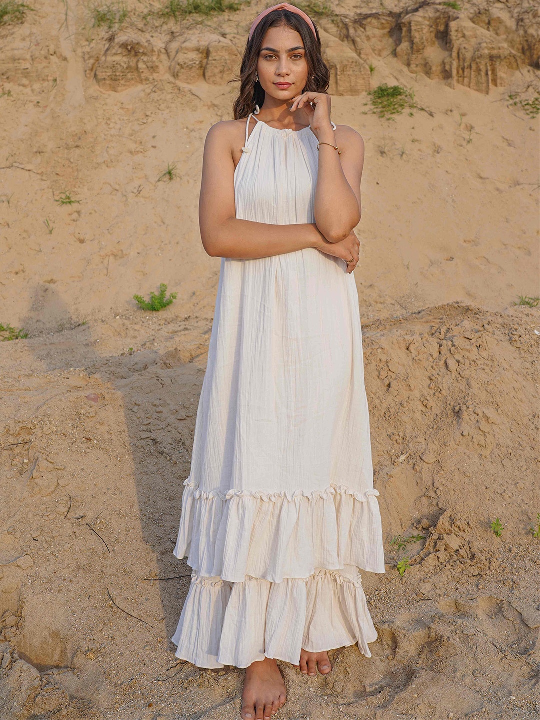 

House of Harakh Women Shoulder Straps A-Line Maxi Dress, Beige