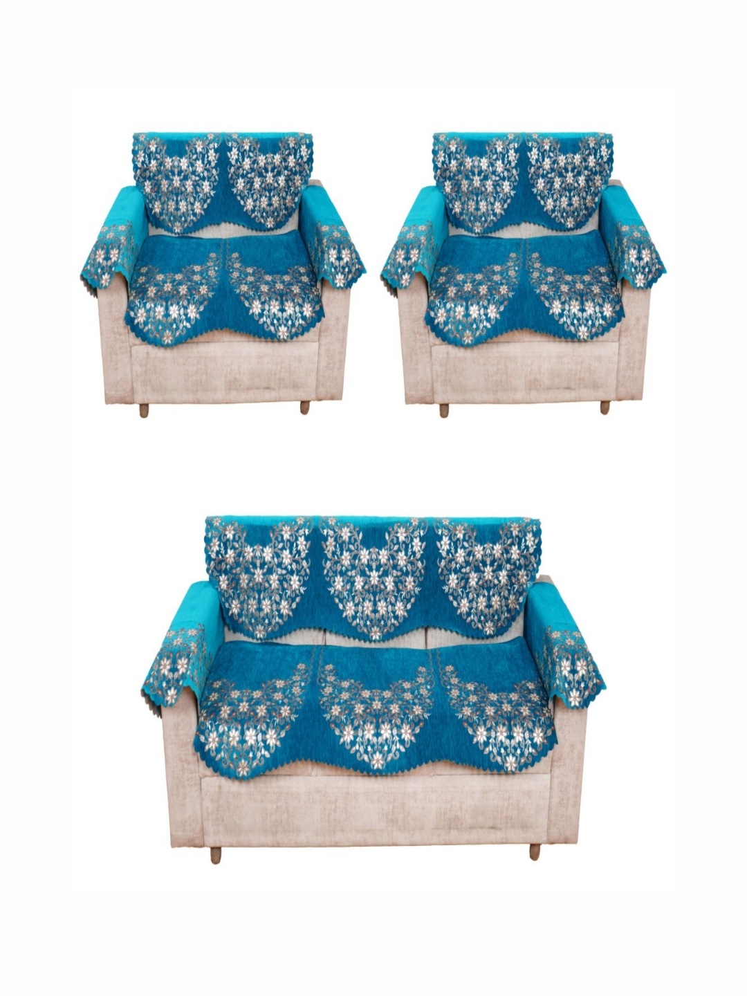 

Fashion Throw Turquoise Blue 12 Pieces Printed Jacquard 7 Seater Sofa Cover With Arms