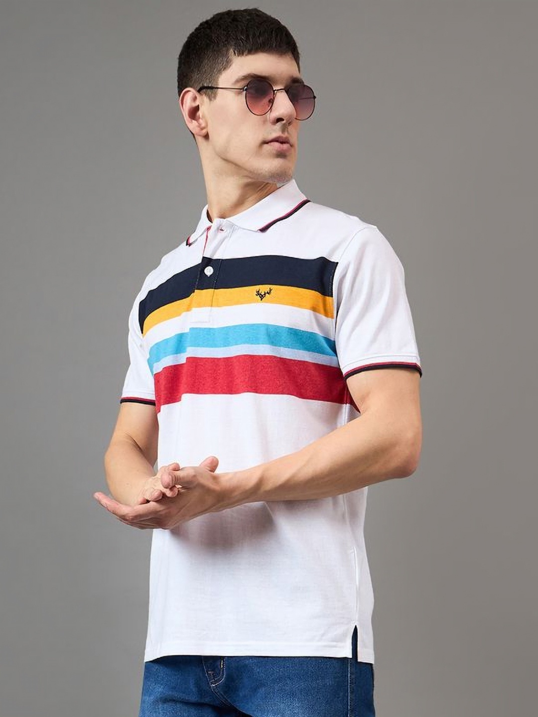 

BRONATION Men Striped Polo Collar Cotton T-shirt, White