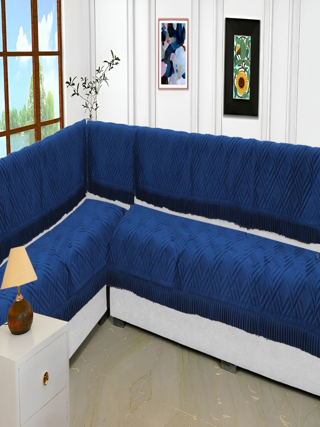 

Fashion Throw Navy Blue 4 Pieces Velvet Sofa Cover