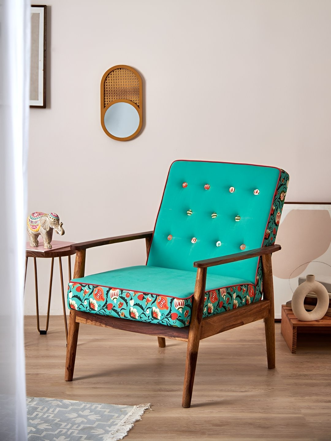 

Chumbak Memsaab Teal & Brown Tufted Wooden Lounge Chair