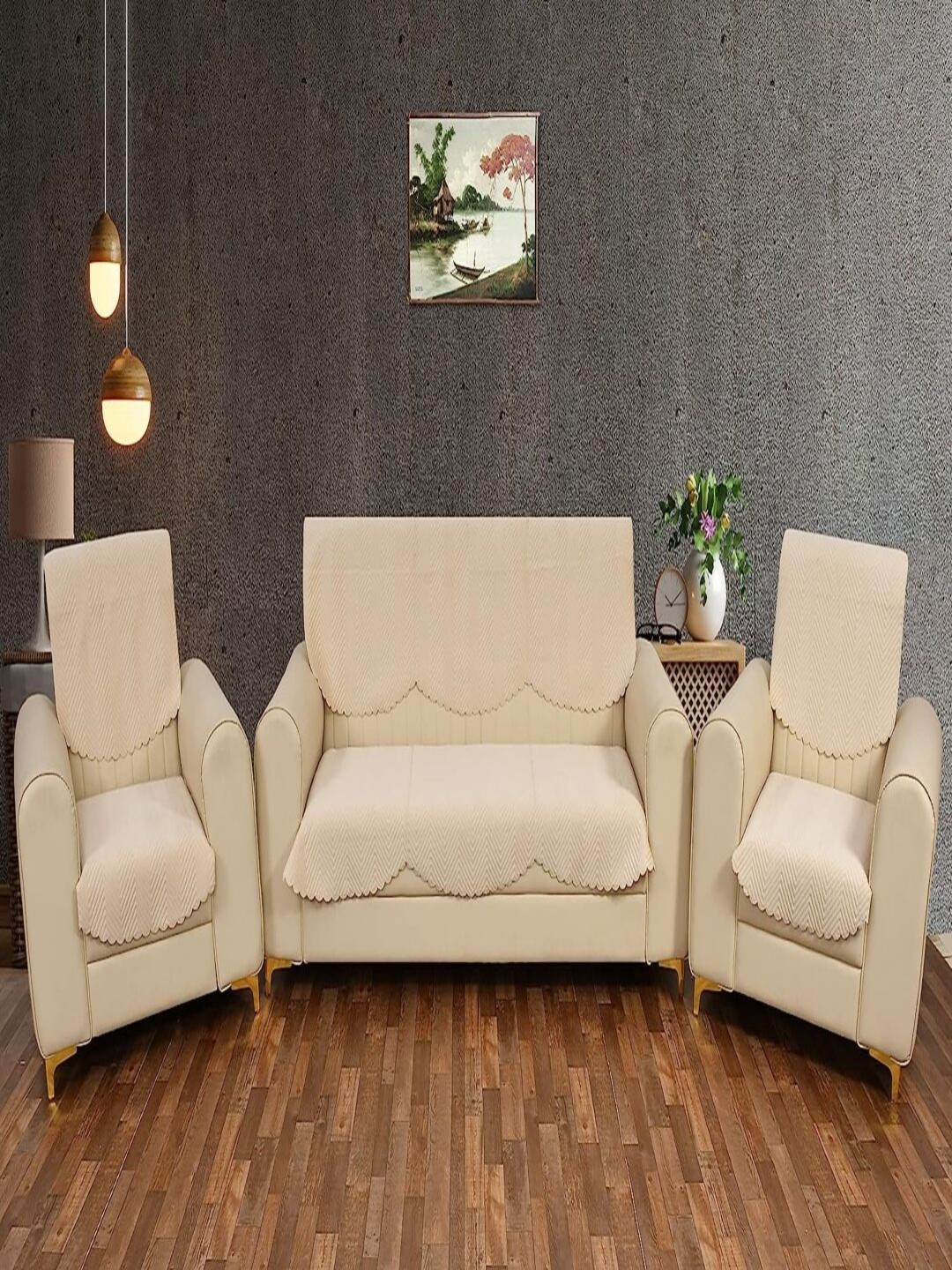 

Fashion Throw Grey 6 Pieces Quilted Five Seater Velvet Sofa Covers, Beige