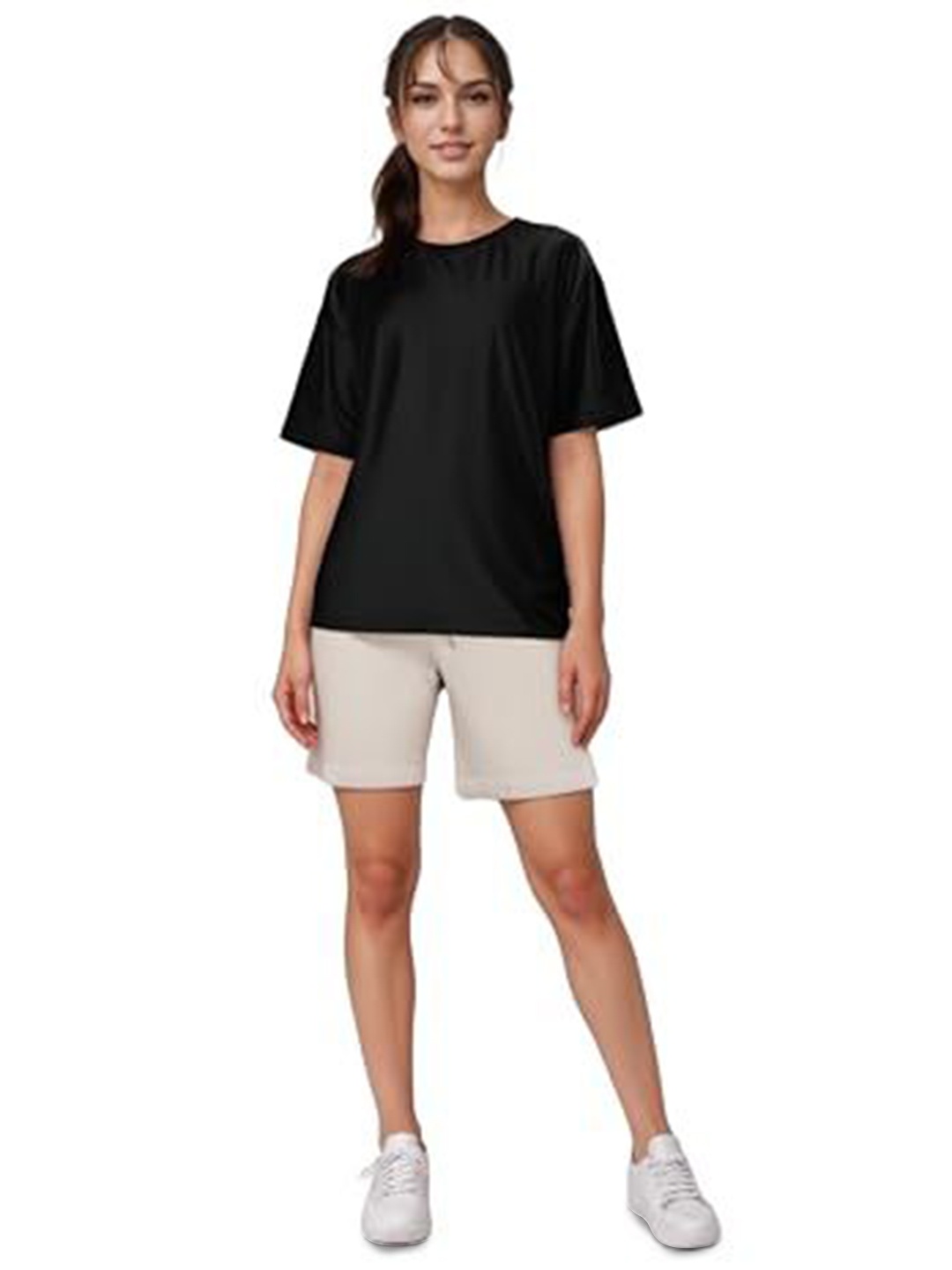 

NOTWILD Women Solid Round Neck Cotton T-shirt, Black