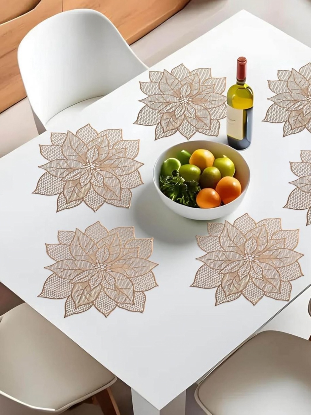 

MONKDECOR Gold Toned 6 Pieces Cutwork Flower Textured Table Placemats