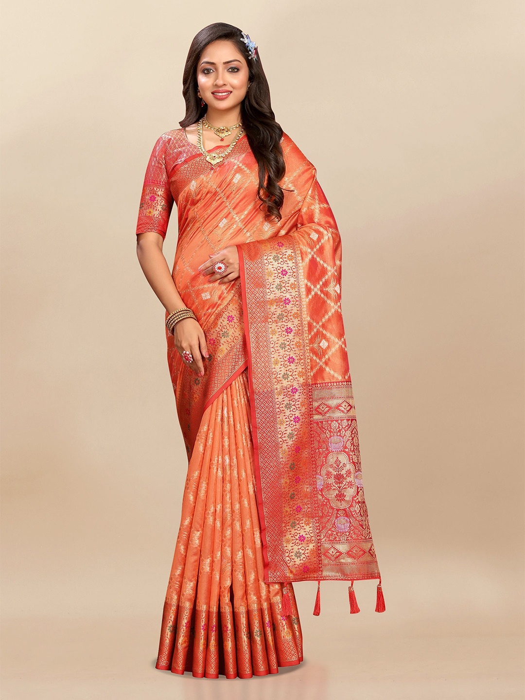 

Bansari textiles Woven Design Zari Banarasi Saree, Orange