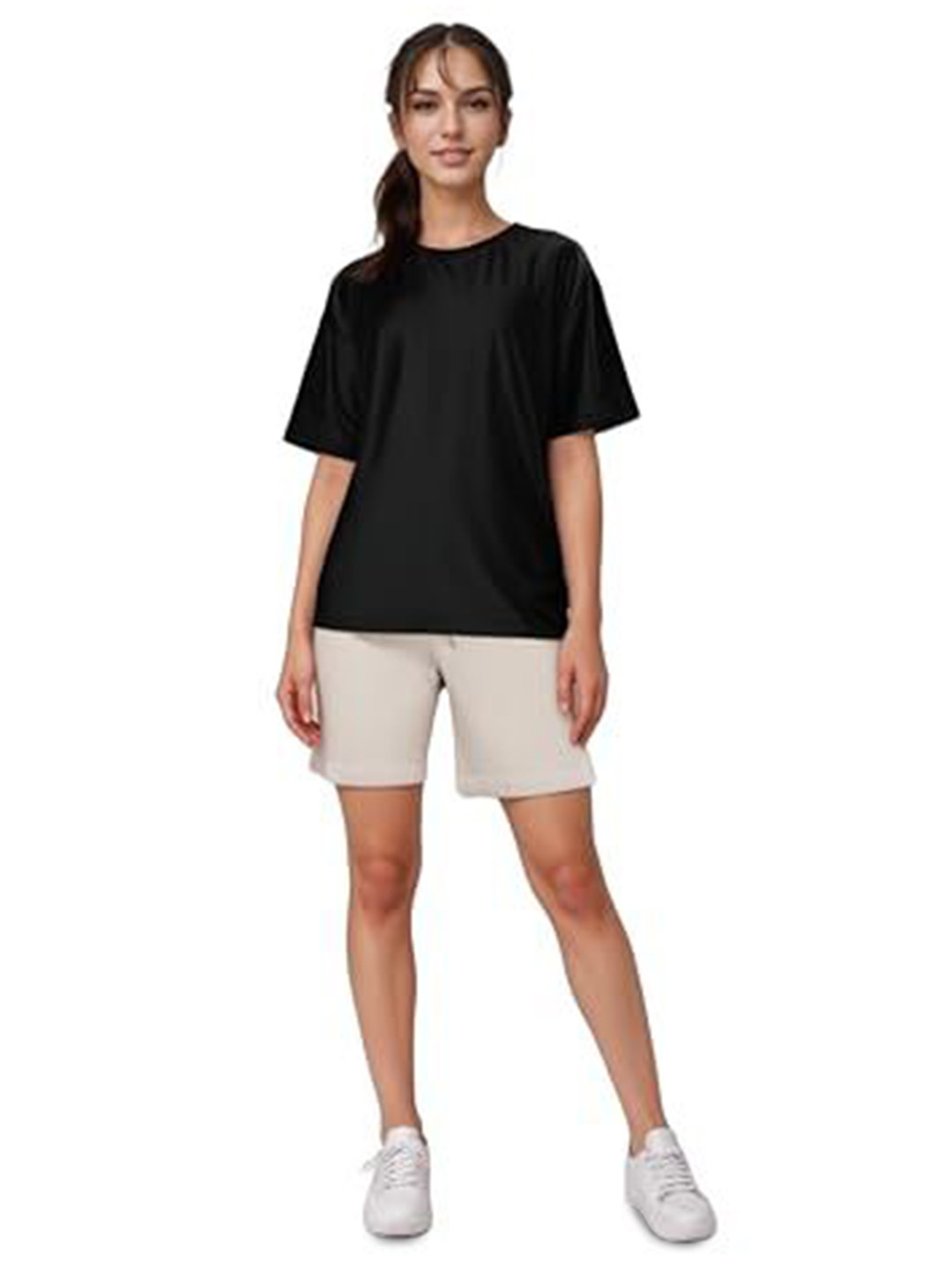 

NOTWILD Women Solid Round Neck Cotton T-shirt, Black