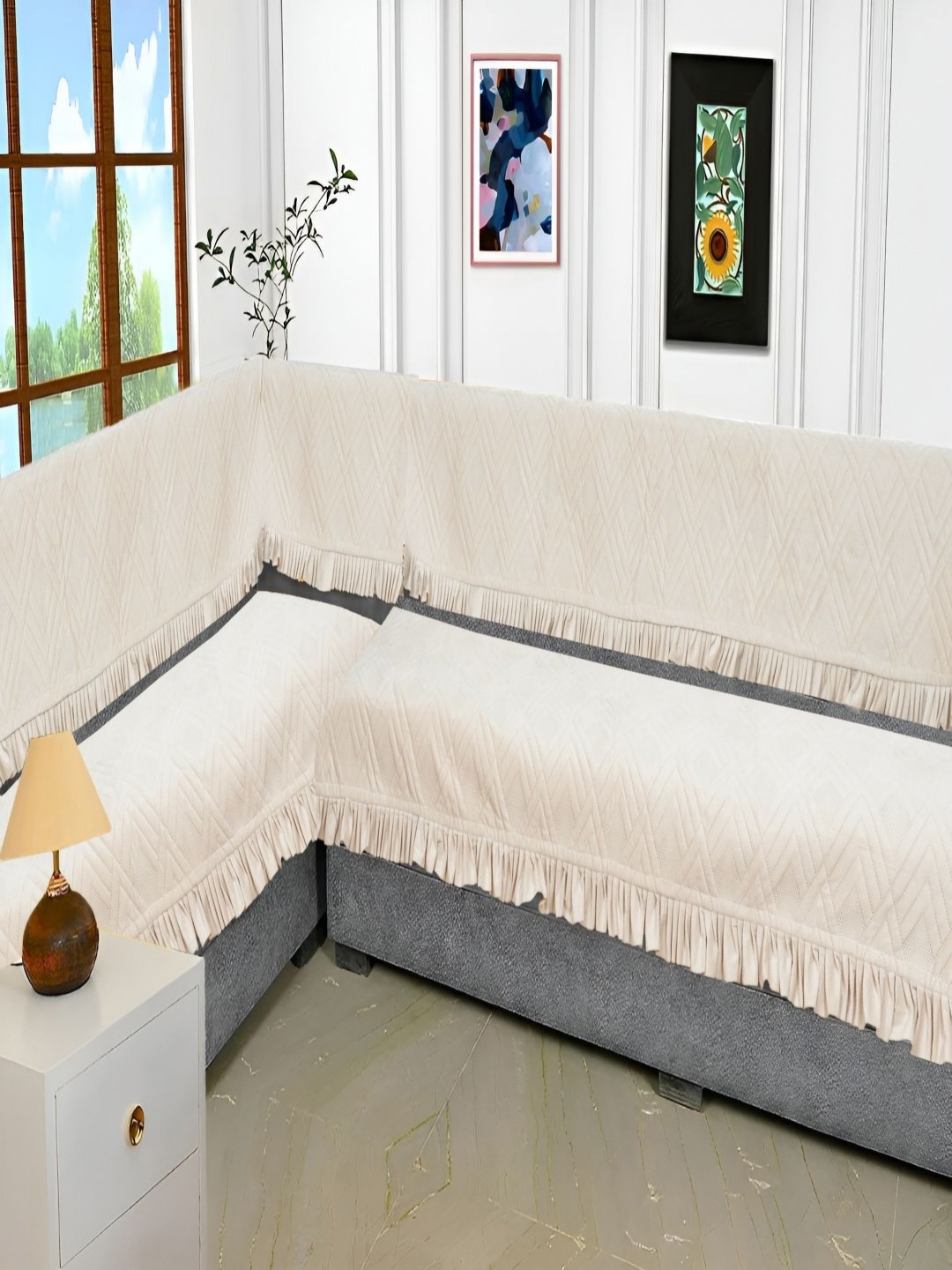 

Fashion Throw Beige 4 Pieces Velvet 7 Seater Sofa Covers