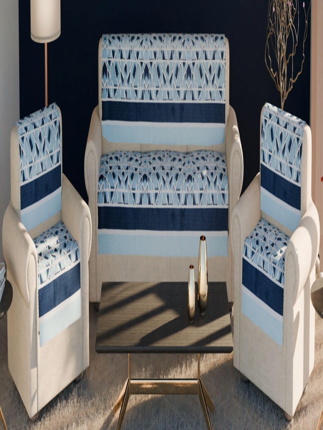 

Fashion Throw Blue & White 6 Pieces Geometric Printed Velvet Sofa Covers