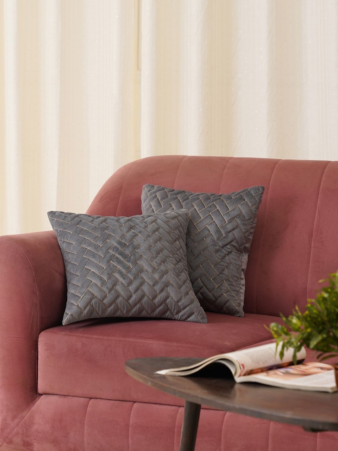 

HOME 360 Grey 2 Pieces Geometric Embroidered Velvet Square Cushion Covers