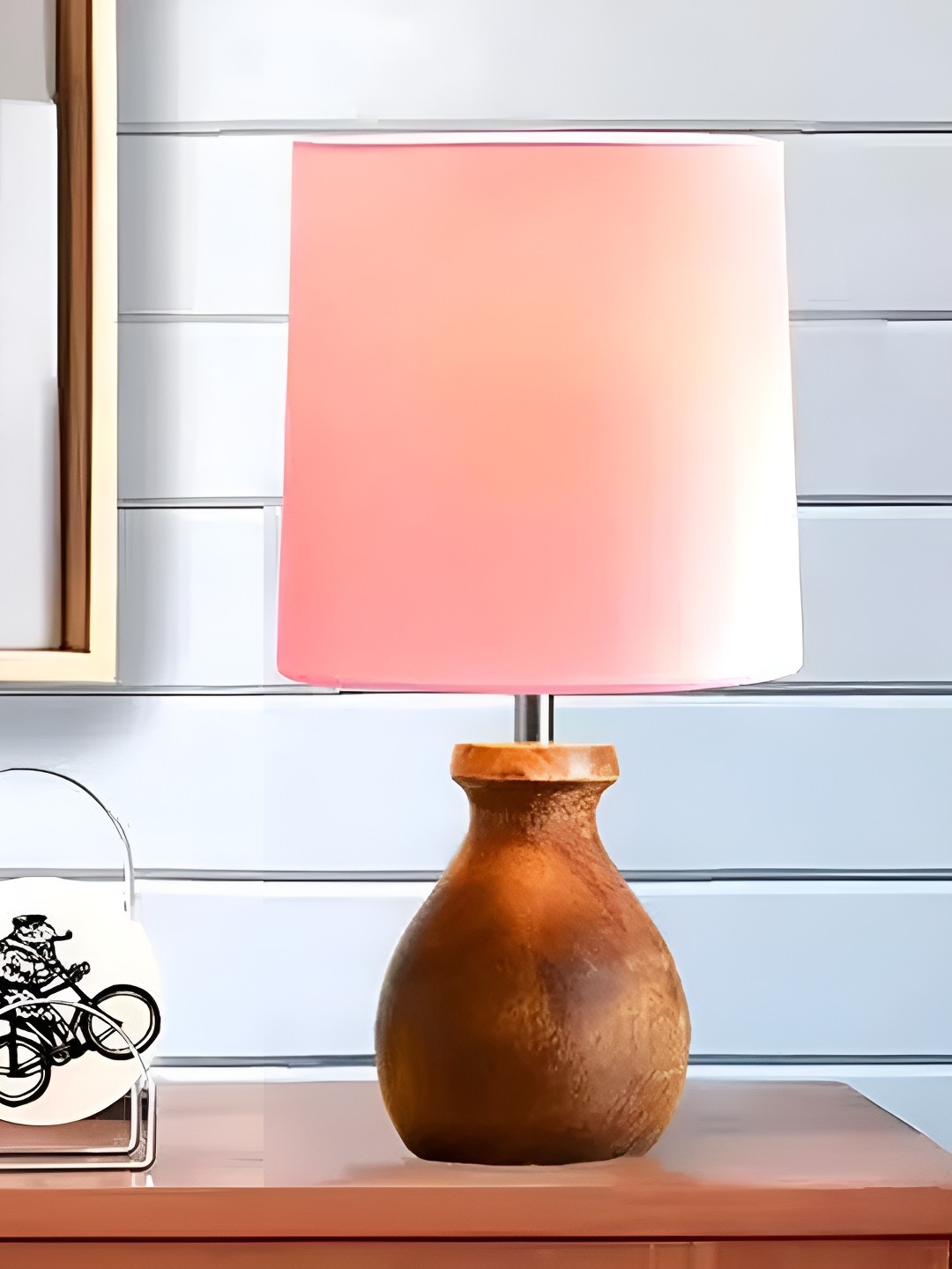 

Homesake Brown & Pink Textured Wooden Cylindrical Shaped Vintage Table Lamp with Bulb