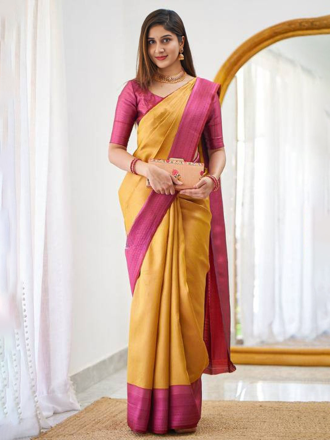 

bansari textiles Zari Banarasi Saree With Blouse Piece, Yellow