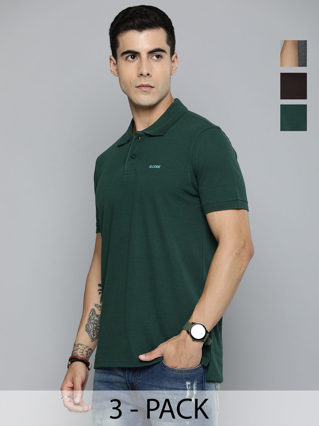 

R.Code by The Roadster Lifestyle Co. Men Regular Fit Pack Of 3 Solid Polo Cotton T-shirts, Green