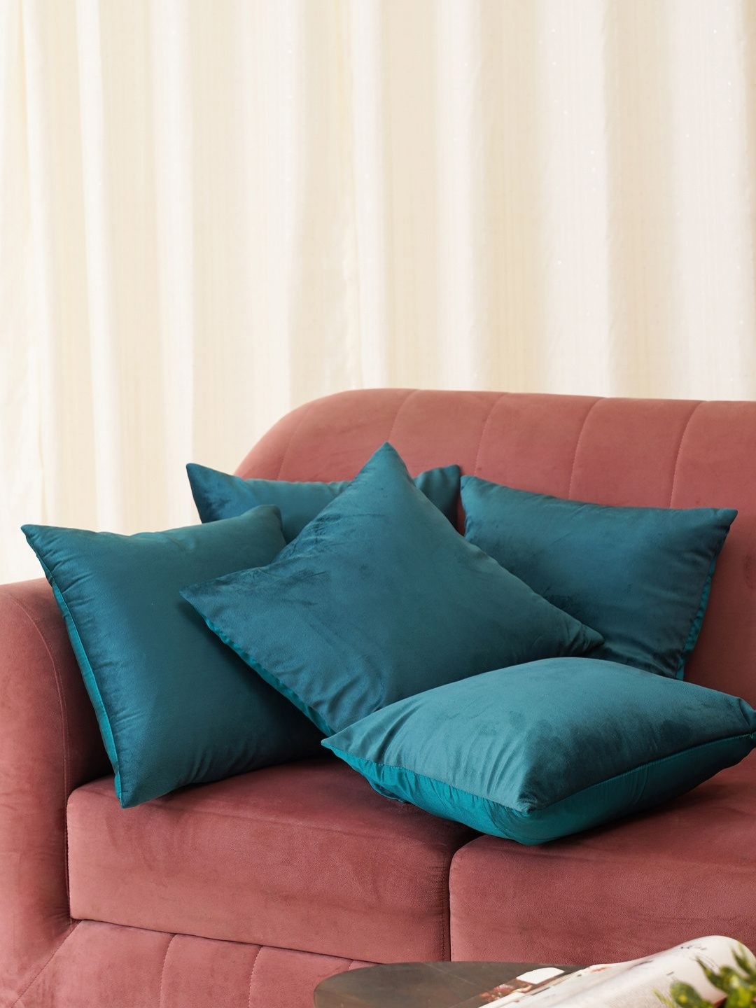 

HOME 360 Pink 5 Pieces Velvet Square Cushion Covers, Teal