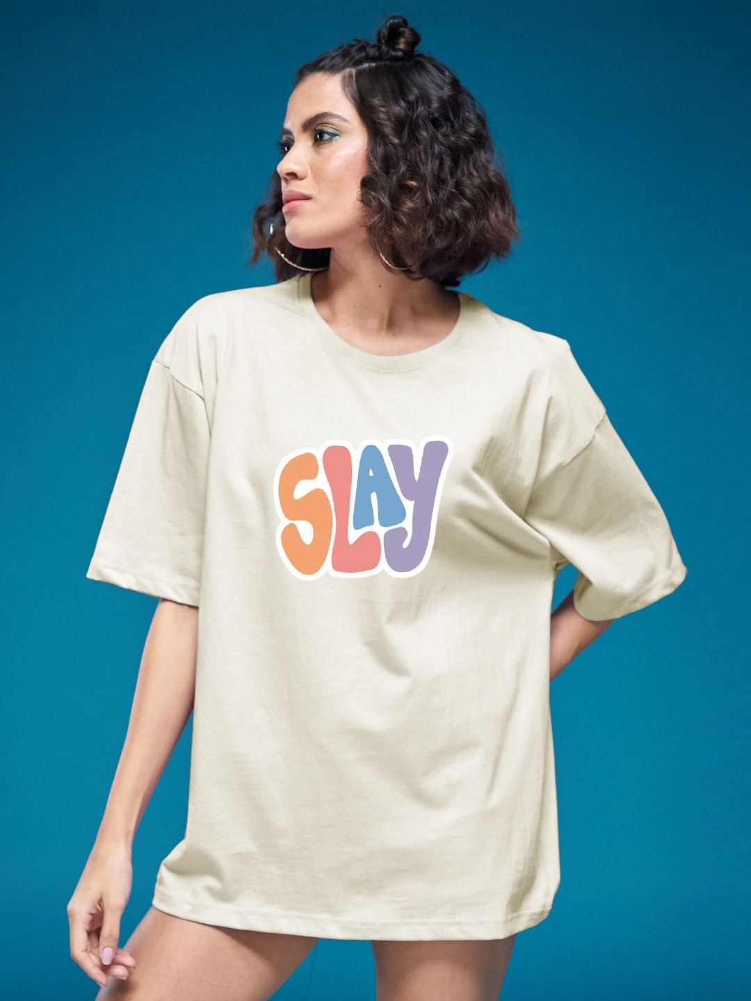 

SMARTEES Women Printed Applique T-shirt, Beige