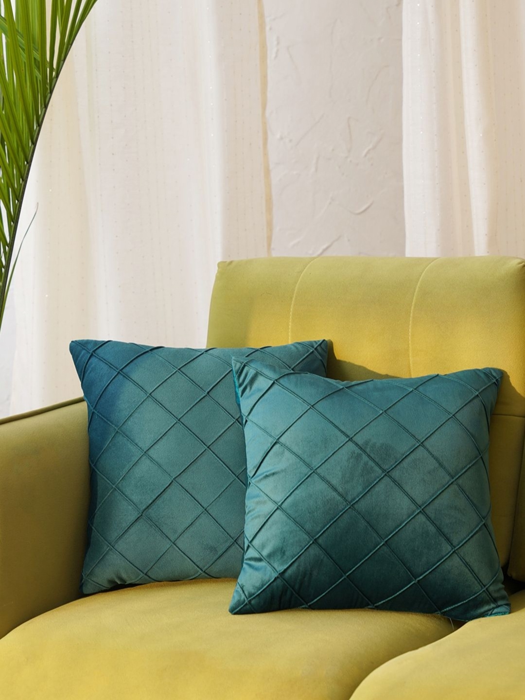 

HOME 360 Teal Green 2 Pieces Checked Velvet Square Cushion Covers