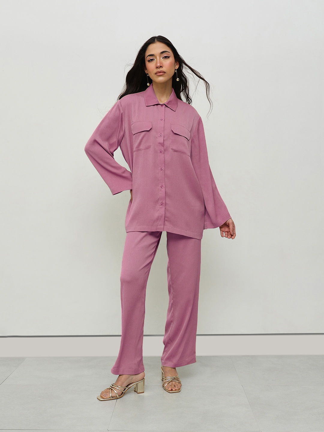 

HOUSE OF S Sleeveless Round Neck Top With Shirt & Trouser, Pink