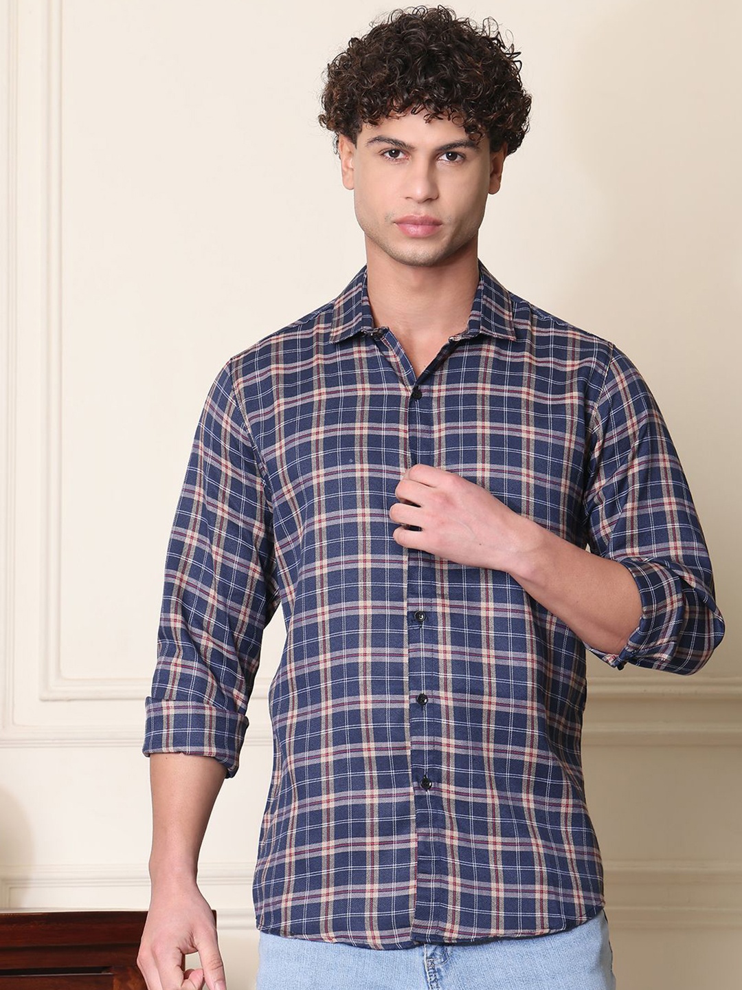 

Tanip Men Spread Collar Tartan Checked Cotton Casual Shirt, Navy blue