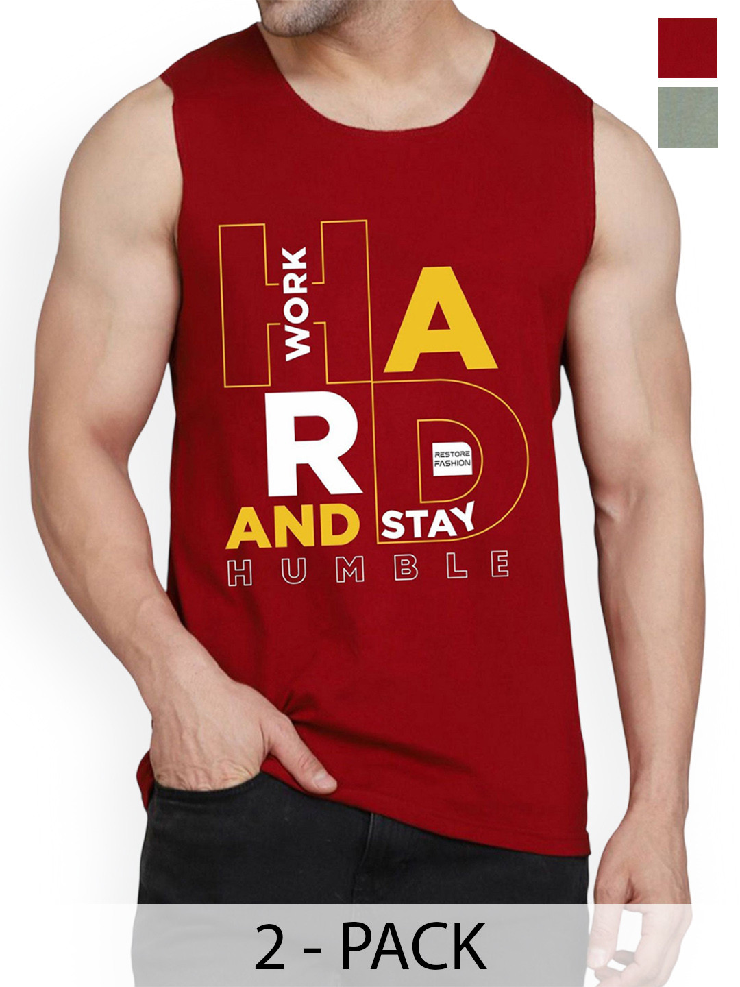 

Woostro Pack Of 2 Printed Pure Combed Cotton Gym VestsRS26 CMB (RUN LGTGREEN) (HARD MAROO, Green